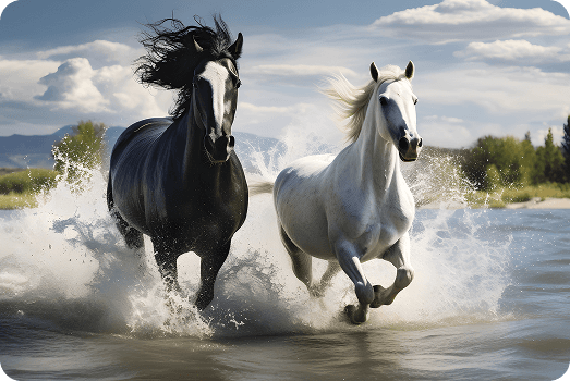 Horses running through water